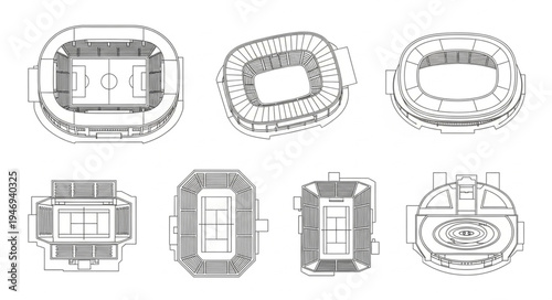 Architectural Blueprints of Various Sports Stadiums and Arenas.