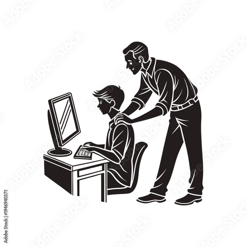 Teacher helping a student learn at a computer workstation during a classroom technology lesson