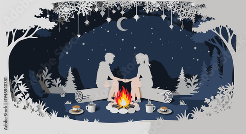 Couple Sitting by Campfire under Night Sky.