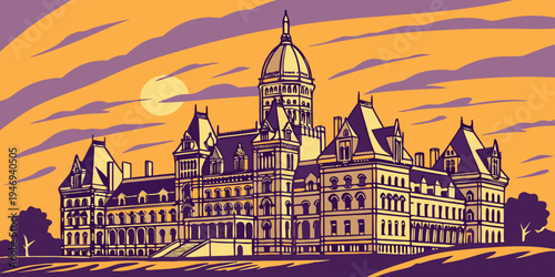 USA, US, U.S, United States - Albany Sunset – Historic New York State Capitol Skyline, Empire State Plaza Architecture, and Warm Hudson River Panorama in the United States