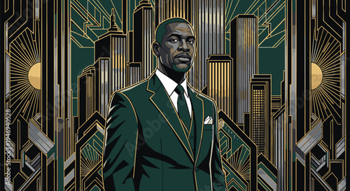 Illustration of businessman in cityscape background.