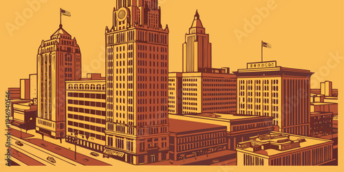 USA, US, U.S, United States - Detroit Downtown Sunset – Historic Motor City Architecture, Riverfront Skyline, and Warm Urban Panorama in the United States