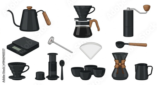 Manual Brew Coffee Maker Tools Vector Set, Minimalist Barista Equipment