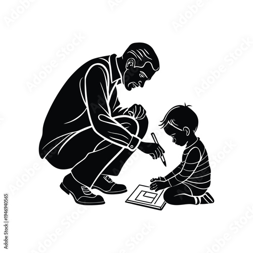 Elderly man patiently teaching a young boy how to write on paper representing wisdom and mentorship