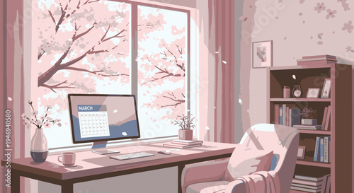 Cozy Home Office Workspace with Cherry Blossoms.