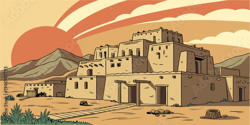 USA, US, U.S, United States - Taos Pueblo Sunset – Ancient Adobe Village, Cultural Heritage Landmark, and Warm Southwestern Panorama in the United States