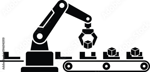 Automated Robotic Arm on Manufacturing Assembly Line Vector
