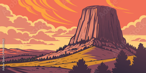 USA, US, U.S, United States - Devils Tower Sunset – Towering Volcanic Rock Formation, Dramatic Sky, and Iconic Western Landscape Panorama in the United States