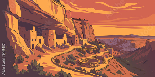 USA, US, U.S, United States - Mesa Verde National Park ancient cliff dwellings sunset panorama dramatic canyon scenery
