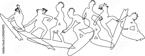 Surfer surfboard boarding female surfers surfing silhouette outlines. Women surf group design concept.