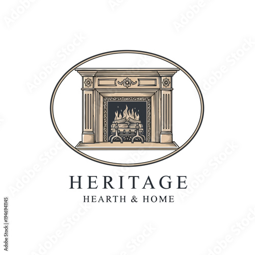 Fireplace Illustration with Ornate Mantel Burning Logs Inside and Cozy Mood