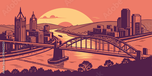 USA, US, U.S, United States - Pittsburgh Sunset – Historic Bridges, Dramatic Rivers, and Vibrant Skyline Panorama in the United States
