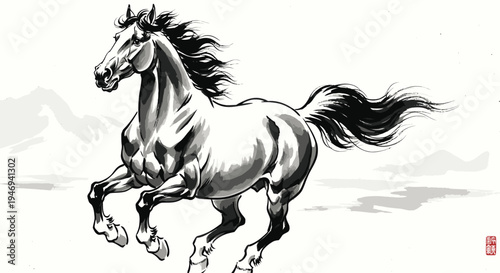 Black and White Horse Running Illustration.