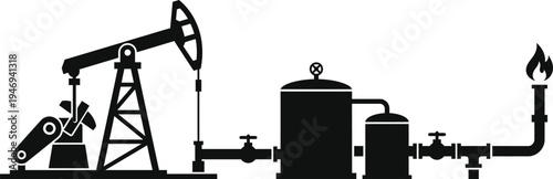 Petroleum Processing Facility and Oil Pump Jack Vector Illustration