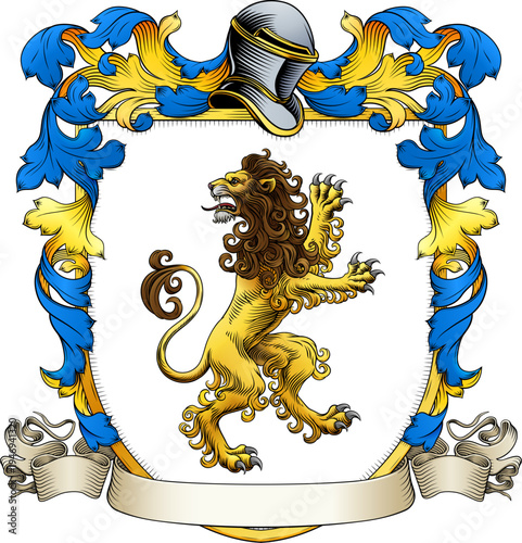 A lion coat of arms or crest family heraldry medieval heraldic knight shield with helmet and acanthus filigree scroll ornament in a vintage woodcut style.