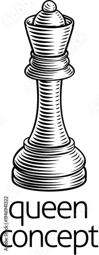 Woodcut style chess queen icon. Creative dominance, dynamic power, and strategic influence in a refined classical silhouette.