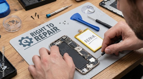 Right to repair concept with a technician fixing a smartphone. Electronics maintenance service