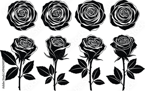 Black and white rose flower silhouette vector set with blooming buds and long stems for romantic wedding or gothic tattoo design isolated on white background