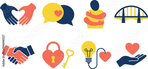 Symbolic Mother's Day icons with mother child silhouette heart flower wreath butterfly pearl necklace heart balloon interlocking hearts in coral rose pink soft cream for romantic design