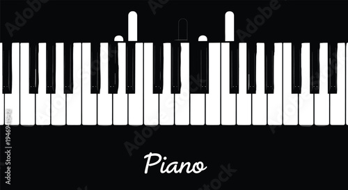 Black and white illustration of a piano keyboard with text on a dark background for music education school lessons and creative artistic design projects