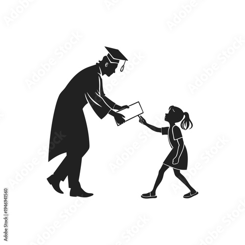 Graduate wearing an academic gown proudly handing a diploma to a young girl symbolizing inspiration
