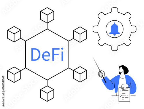 Blockchain network with DeFi text, cogwheel with alert icon, person holding document and pointer. Ideal for fintech, cryptocurrency, decentralized systems, notifications, data flow, education