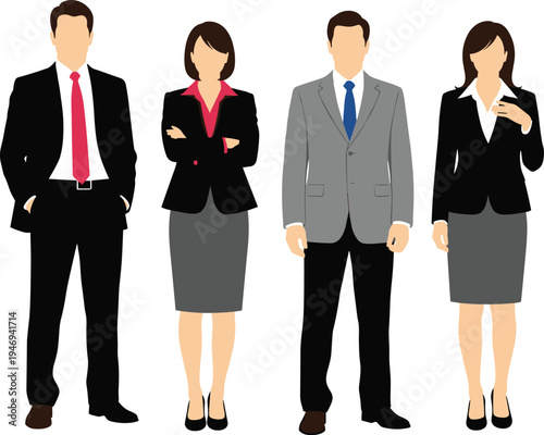 Professional business team vector illustration featuring diverse men and women in corporate suits standing together for leadership and office success.
