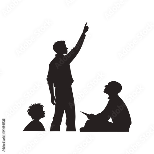 Silhouette illustration of a teacher pointing upward while students listen attentively in class