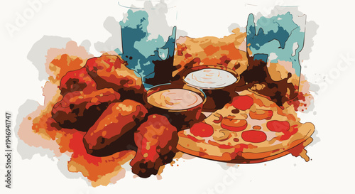 Watercolor Illustration of Pizza and Chicken Wings.