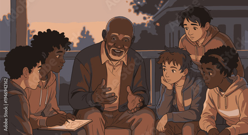 Family Gathering with Elderly Man Storytelling.