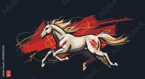 White Horse Running with Flowing Mane.