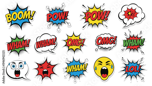 Comic Book Speech Bubbles with Sound Effects and Emojis