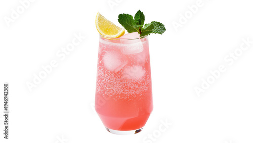 Isolated refreshing pink lemonade cocktail with ice, lemon slice, and mint garnish