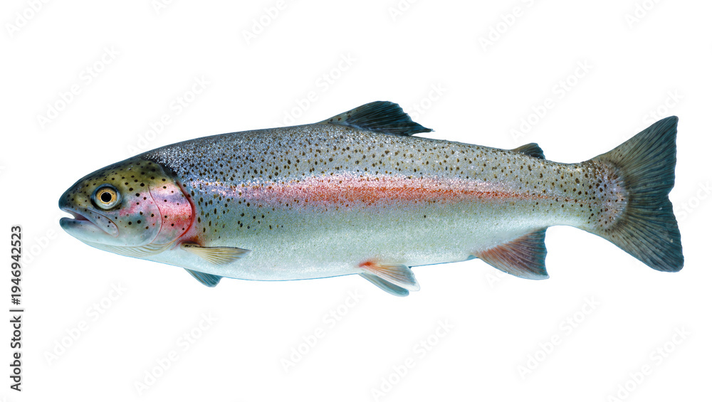Obraz premium Isolated fresh rainbow trout fish in profile, displaying vibrant colors and distinct spots