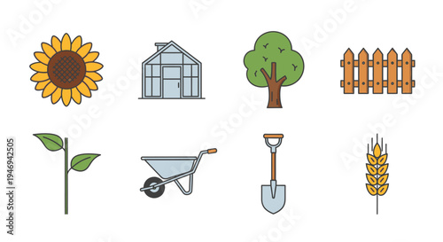 Garden Icon Set with Sunflower Greenhouse Shovel and Wheelbarrow