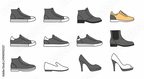 Shoe Vector Icon Set with Sneakers Boots and High Heels