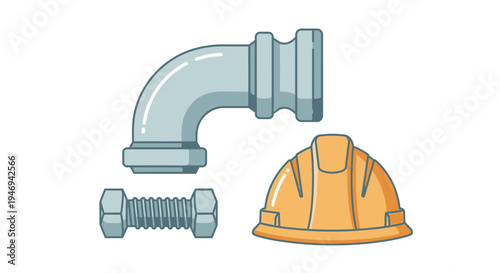 Industrial Plumbing Pipe with Bolt and Yellow Safety Helmet Vector