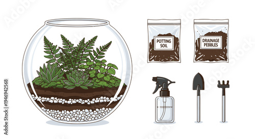 Terrarium Kit with Plants and Gardening Tools.