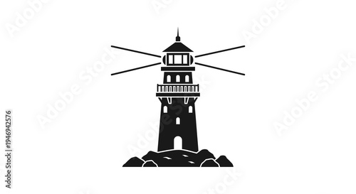Lighthouse silhouette icon with light beams on rocks