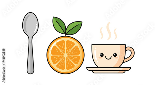 Orange Slice with Spoon and Kawaii Steaming Cup Illustration