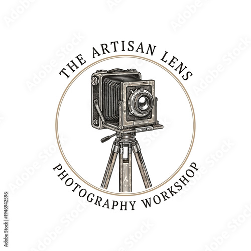 Photography Workshop Logo with Vintage Bellows Camera and Tripod