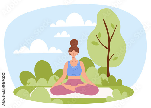 Young woman practicing yoga outdoors. Female in Lotus pose or Padmasana sitting on a mat in a park. Morning exercise, meditation and wellness lifestyle.