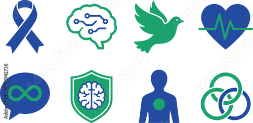 Looking at the image, here are the SEO title and keywords for this vector:

Mental health awareness icons with ribbon brain dove heartbeat infinity symbol shield human figure interconnected circles 