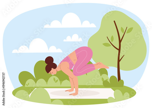 Young woman practicing yoga outdoors. Female in Crow pose or Bakasana on a mat in a park with trees and clouds. Advanced morning exercise and balance workout.
