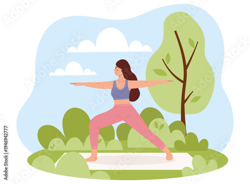 Young woman practicing yoga outdoors. Female in Warrior II pose or Virabhadrasana II on a mat in a park with trees and clouds. Nature and wellness lifestyle.