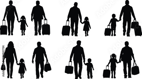 Black silhouette collection of parents and children with suitcases and luggage bags walking for family travel vacation and airport transit journey on white