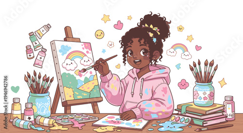 Young Girl Painting on Easel with Art Supplies.