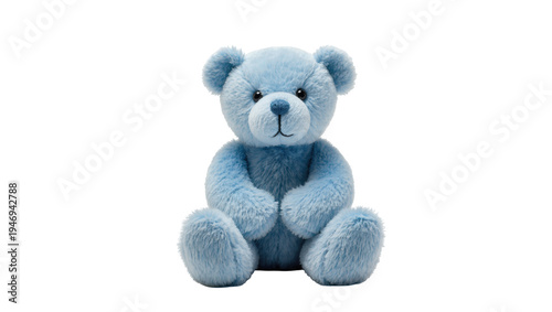 Quadro em tela Isolated cute blue plush teddy bear sitting facing camera, soft furry toy for ch