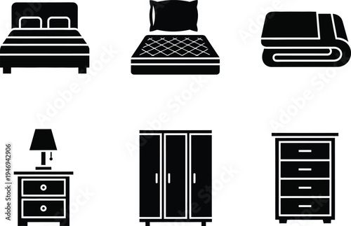 Black of bedroom furniture including a bed a mattress with pillow a folded blanket a nightstand with lamp a wardrobe and a chest of drawers