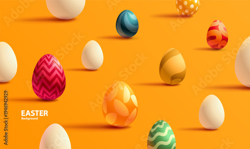 3D colored Easter eggs on yellow background. Minimalistic holiday wallpaper.